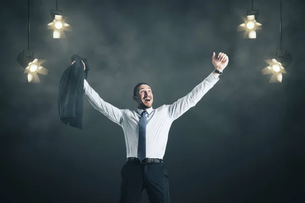 Joyful Businessman Performance Smoky Stage Background Spotlights — Stock Photo, Image