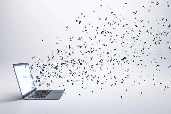 Laptop Con Flusso Particelle Multipe Proveniente Dallo Schermo Bianco Incandescente — Foto Stock