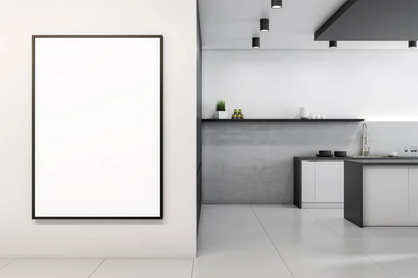 白い壁に空のバナーを備えたモダンな居心地の良い明るい家具付きキッチン コンクリート床 インテリアデザインコンセプト 3Dレンダリング モックアップ — ストック写真