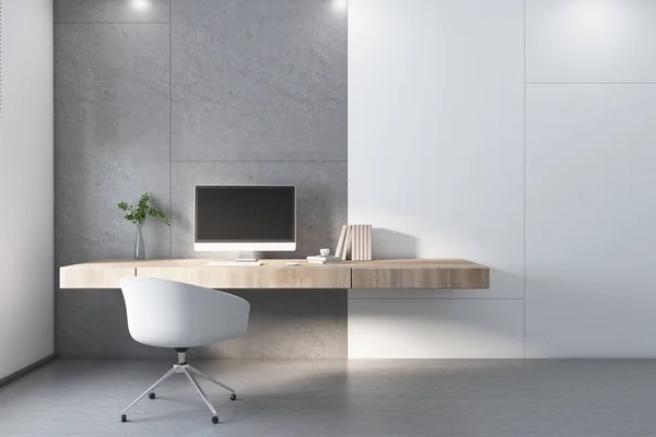 Moderno Home Office Con Blocchi Cemento Pareti Bianche Sedia Bianca — Foto Stock