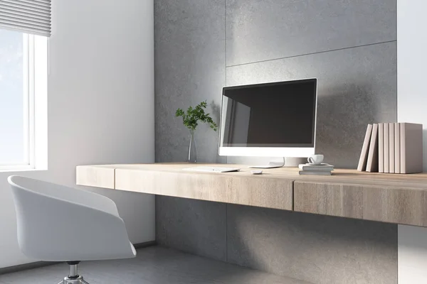 의자가 컴퓨터 모니터가 사무실 공간을 만들라 렌더링 — 스톡 사진