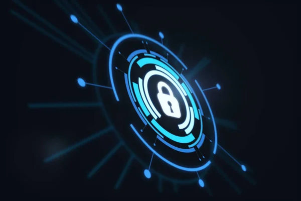 Cyber Έννοια Ασφάλειας Ψηφιακή Κλειδαριά Λαμπερό Μπλε Κύκλους Ακτίνες Αφηρημένη — Φωτογραφία Αρχείου