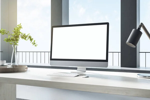 Standing Desk Bright Room Black Columns Big Windows White Desktop — Stock Photo, Image