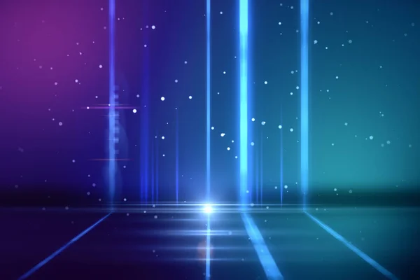 Big blue columns of light glowing in the dark, purple and green background, neon lights, disco and show concept, 3d rendering