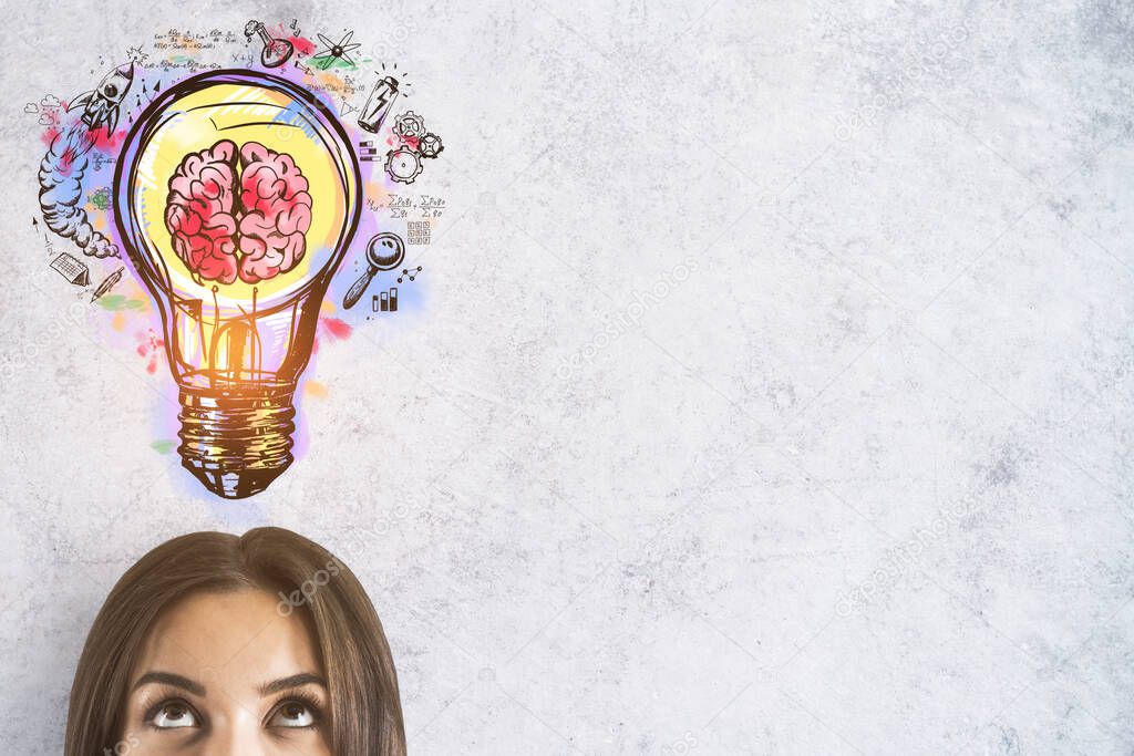 Woman looking at the brain inside a lightbulb colorful sketch on a white background with empty copyspace in the right, idea and innovation concept, mockup