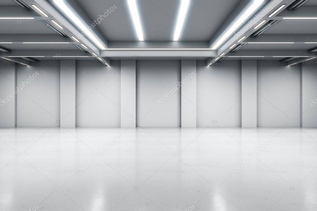 Industrial design project empty hall with led lights on top, grey walls and glossy concrete floor. 3D rendering, mockup
