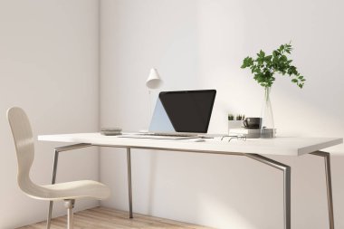 Ofiste şık bir çalışma alanı, ışıklı masa, sandalye, modern dizüstü bilgisayar, şeffaf vazo ve sade kahve fincanı. 3B görüntüleme