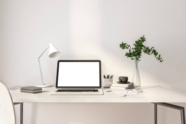 Modern iç tasarım ofis iş yerinde boş beyaz dizüstü bilgisayar ekranı. 3B görüntüleme, modelleme