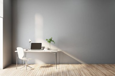 Evdeki güneşli çalışma alanının minimalist stil iç tasarımı. Ahşap zemin ve boş duvar arkasında beyaz masa üzerinde dizüstü bilgisayar. 3B görüntüleme, düzenle