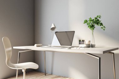 Açık ahşap mobilyaları, modern dizüstü bilgisayarı ve kahve kupası olan güneşli bir ofis. 3B görüntüleme