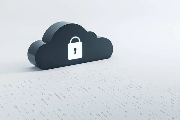 Black cloud figure with a lock sign standing on a white surface, data security and protection concept, 3d rendering