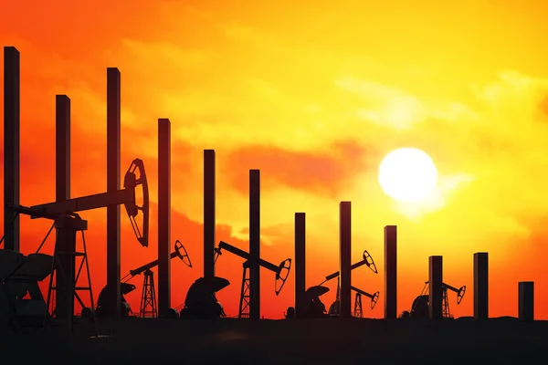 Oil Pumps Silhouetts Falling Graphic Chart Sunset Background Oil Price — 图库照片