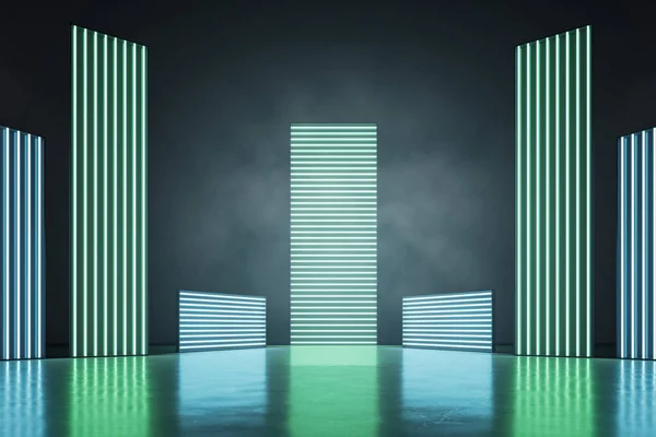 いくつかの煙 近代的な展示会や広告のコンセプト 3Dレンダリング モックアップと空の暗い空間で異なる高さの緑と青のネオンライトバー — ストック写真