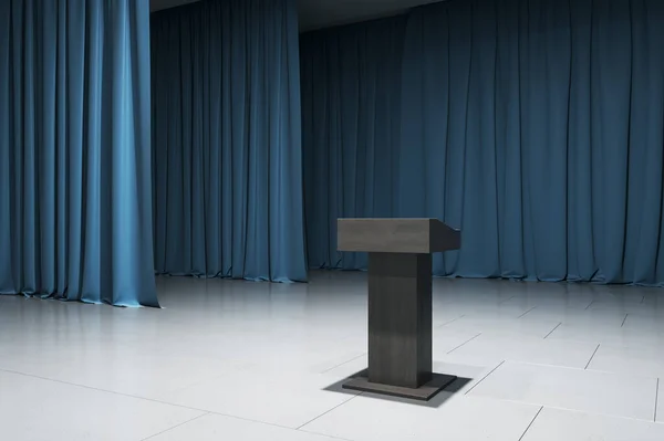 Postament Empty Stage Blue Curtains Concrete Floor Standup Speech Concept — Stock Photo, Image