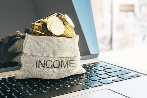 Income Business Success Concept Golden Coins Income Bag Laptop Keyboard — 스톡 사진