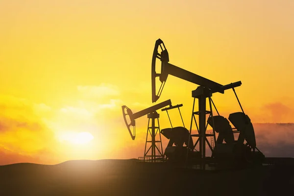 Oil production concept with oil field pumpjacks on a field at sunrise. 3D rendering