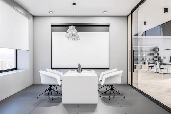 Modern Klein Whiteboard Kamer Design Met Betonnen Vloer Glazen Wand — Stockfoto