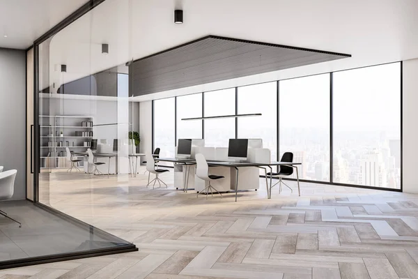 Modern Sunny Open Space Office Design Glass Walls Corridor Computers — Stock Photo, Image