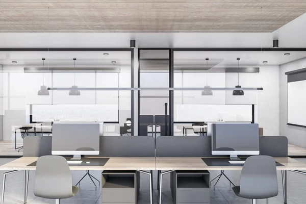 Modern Light Coworking Office Design Glass Partitions Desks Computers White — 스톡 사진