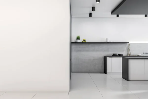 现代舒适明亮的厨房 有空白的白色墙壁 混凝土地板 室内设计理念 3D渲染 — 图库照片