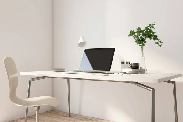 Stylish workspace in home office with light table and chair, modern laptop, plant in transparent vase and black coffee mug. 3D rendering