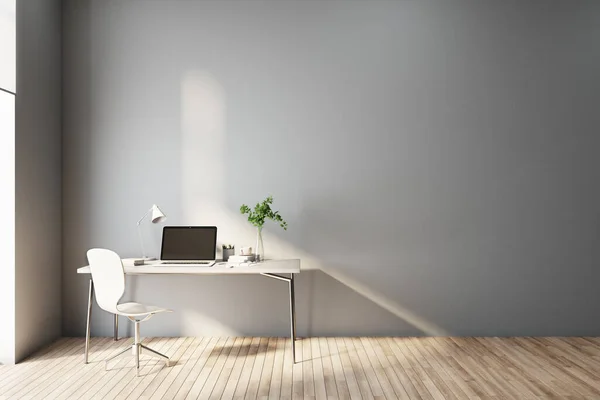 简约风格的室内设计 在家里阳光明媚的工作空间 木制地板和笔记本电脑白色桌子上的空白墙壁背景 3D渲染 — 图库照片