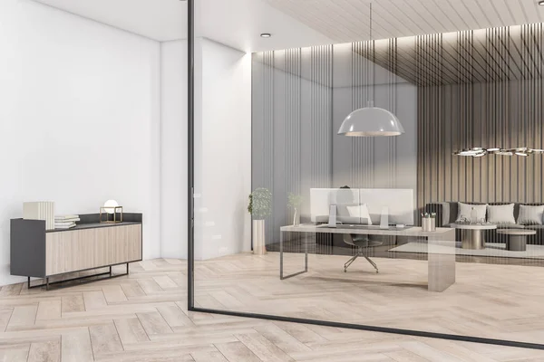 木製の床と白い壁と明るい近代的なオフィスでガラスの壁とプライベートエグゼクティブルーム 3Dレンダリング — ストック写真