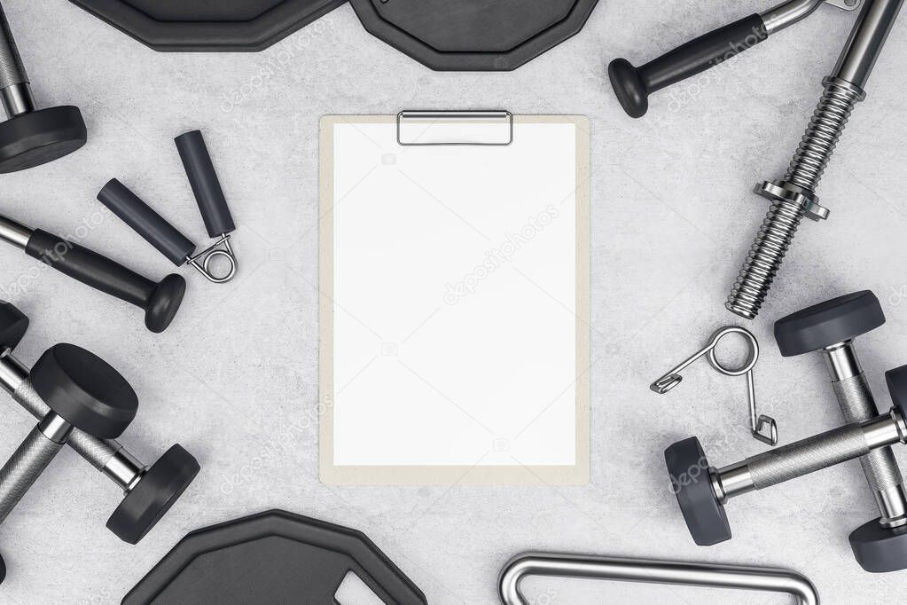 Workout plan concept with blank paper in tablet among sport equipment on light concrete floor. 3D rendering, mockup
