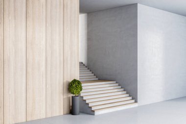 Girişteki ahşap ve beton duvarlar arasındaki tahta ve beton merdivenlere bakış açısı. 3B görüntüleme, modelleme
