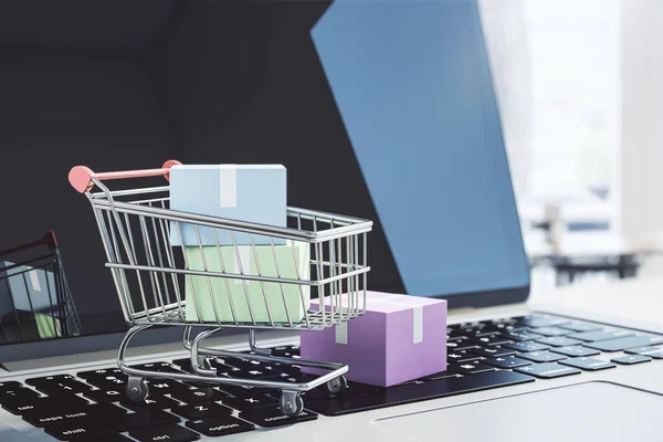 Online Supermarkt Konzept Mit Warenkorb Und Kleinen Boxen Auf Laptop — Stockfoto