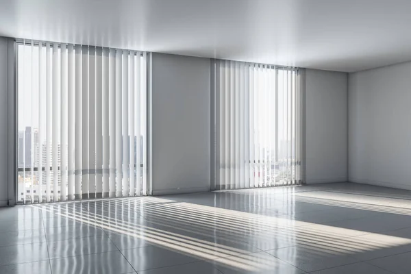 Light Empty Room Sunlight Blinds Windows Glossy Floor Rendering — Stock Photo, Image