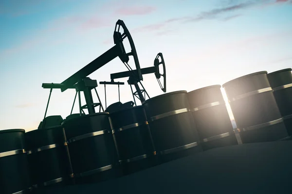 石油工业设备概念与油泵和黑色油桶蓝天背景 3D渲染 — 图库照片