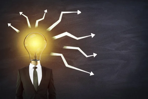 Brainstorming Idea Cocnept Businessman Glowing Light Bulb Instead Head White — Stock Photo, Image