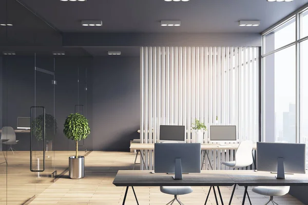 Bürohalle Monochromen Stil Mit Weißer Holzlattenabtrennung Zwischen Den Arbeitsräumen Dunkler — Stockfoto