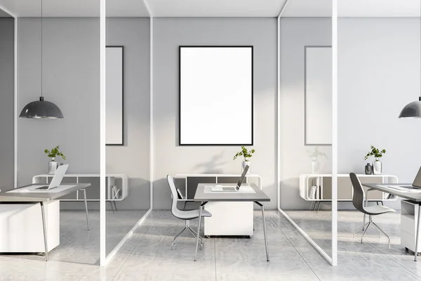 Hvit Plakat Stilige Kontorvegger Med Opphavsrom Arbeidsplassen Marmorgulv Glassvegger Gjengivelse – stockfoto