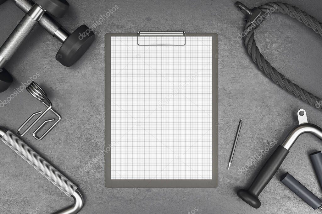 Personal training plan concept with blank white paper in tablet on dark concrete floor and sport equipment. 3D rendering, mockup