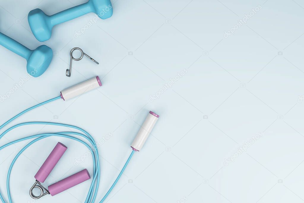 Home workout and gym concept with sport skipping rope and dumbbells on blank light blue surface. 3D rendering, mock up