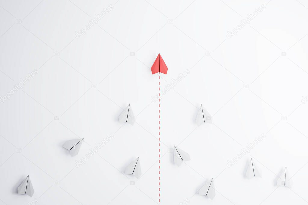 Leadership concept with red paper plane going ahead white paper planes on abstract light background. 3D rendering