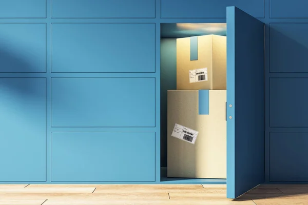 Storage facilities service with card boxes in blue terminal cell. 3D rendering