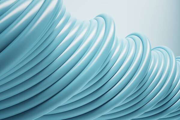Light blue spiral pattern made of multiple wires on a light blue background closeup, wallpaper and background presentation design concept, 3d rendering