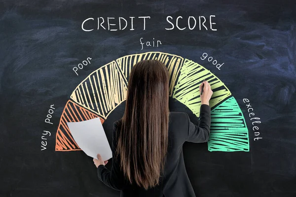 Credit Score Concept Met Vrouw Tekenen Rijkdom Schaal Van Zeer — Stockfoto