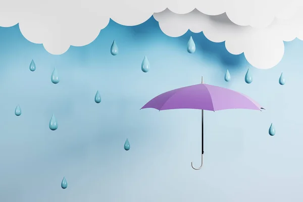 Business protection concept with purple umbrella and rain with white clouds on blue sky background. 3D rendering
