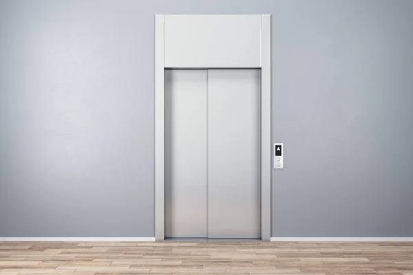 Вид Спереди Лифт Металлическими Дверями Серой Стеной Деревянным Полом Рендеринг — стоковое фото