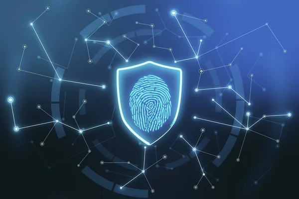 Digital security concept with glowing fingerprint in shield and abstract lines on dark technological background. 3D rendering