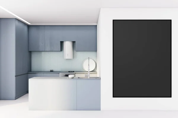 Interior Cozinha Brilhante Com Cartaz Preto Vazio Parede Prateleiras Azuis — Fotografia de Stock