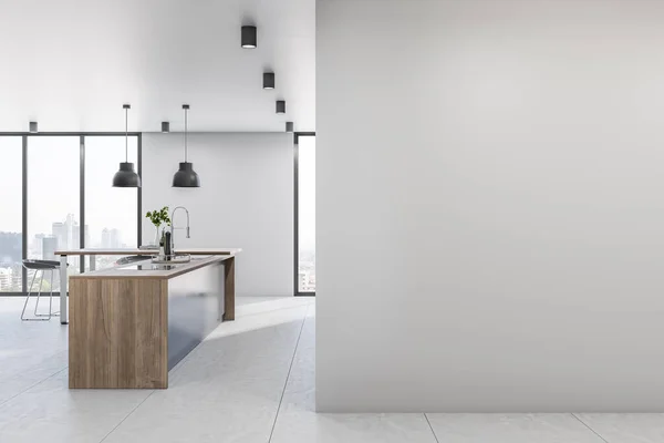 Blanco Lichtgrijze Muur Stijlvolle Keukenhoek Minimalistische Stijl Met Houten Metalen — Stockfoto