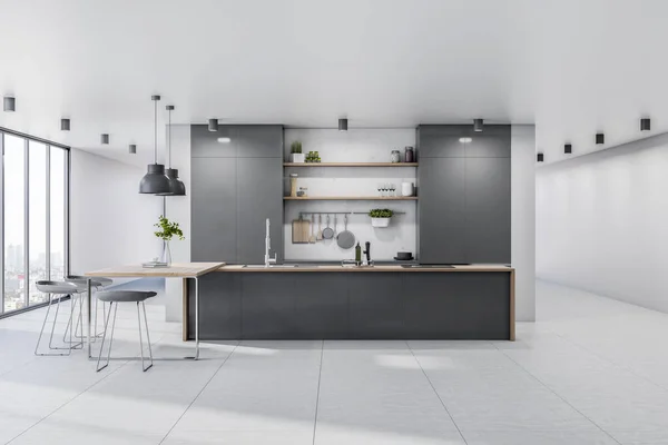 Heldere Witte Keuken Met Zwart Bureau Planken Interieur Concept Rendering — Stockfoto