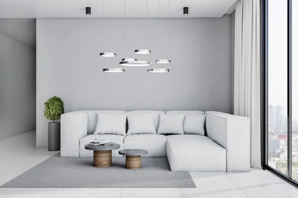 Sala Estar Elegante Tons Frios Design Interiores Com Sofá Grande — Fotografia de Stock
