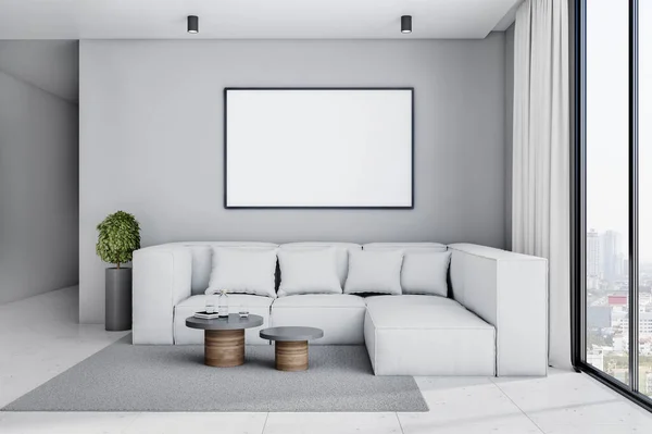 White Poster Copyspace Black Frame Light Grey Wall Big Sofa — Stock Photo, Image