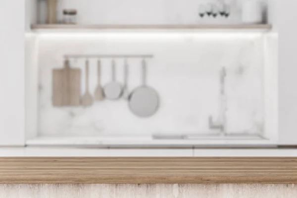 在薄薄的厨房用具和盘子的轻墙背景上 别致的木制台面 文字上有复制的空间 3D渲染 — 图库照片
